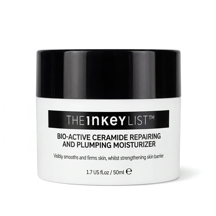 A white cosmetic jar with a glossy black lid, labeled 'THE INKEY LIST Bio-Active Ceramide Repairing and Plumping Moisturizer' on a clean white background.