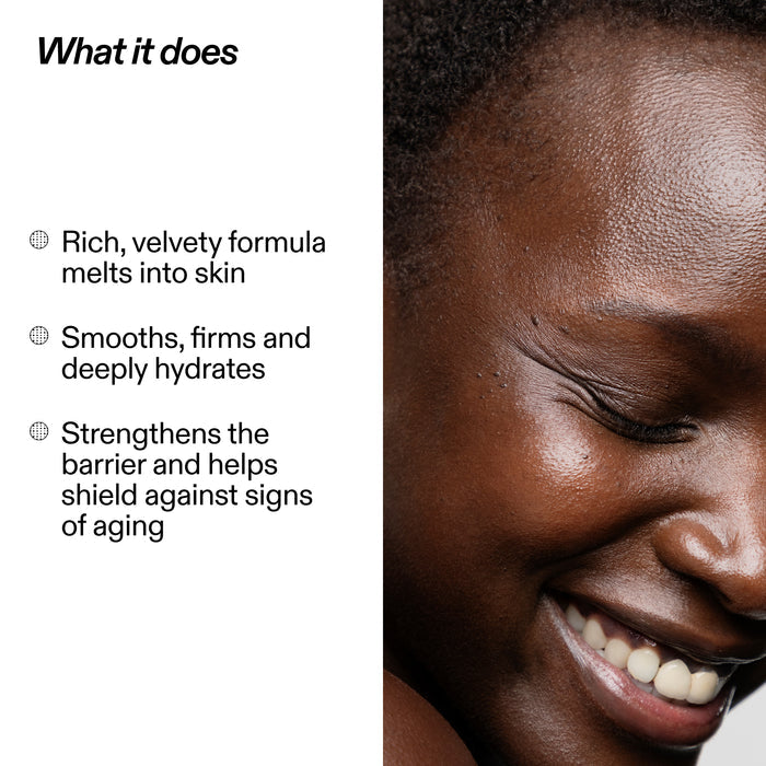 Product description text with a close-up of a smiling person's face on the right.