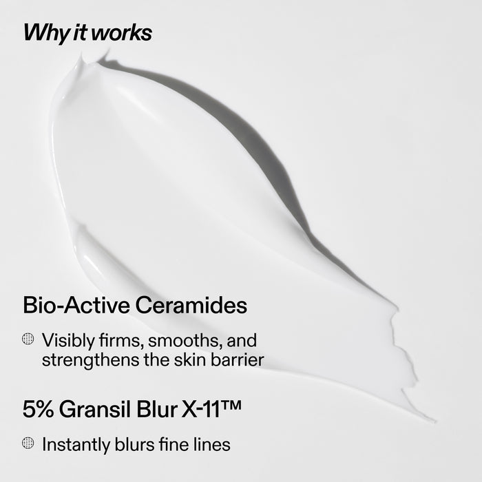 Product packaging with text about Bio-Active Ceramides and 5% Gransil Blur X-11 technology.