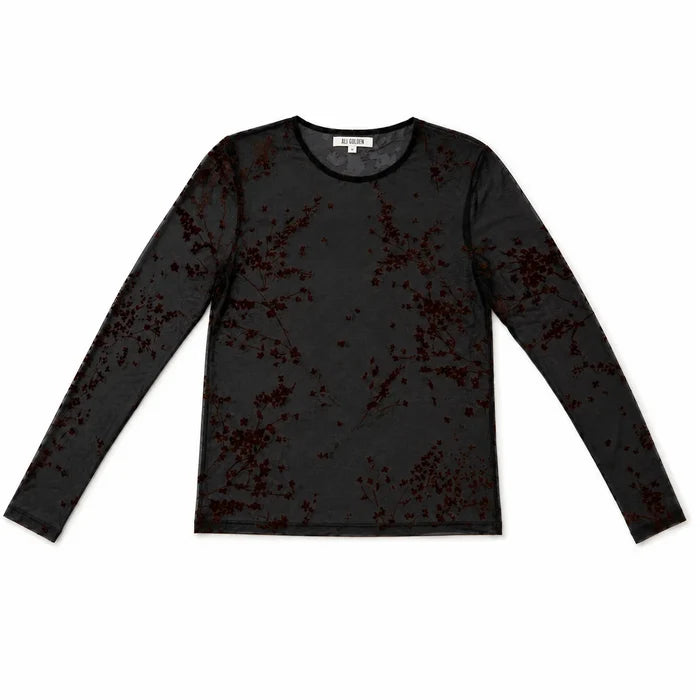 Black Brown Floral Mesh LS Top