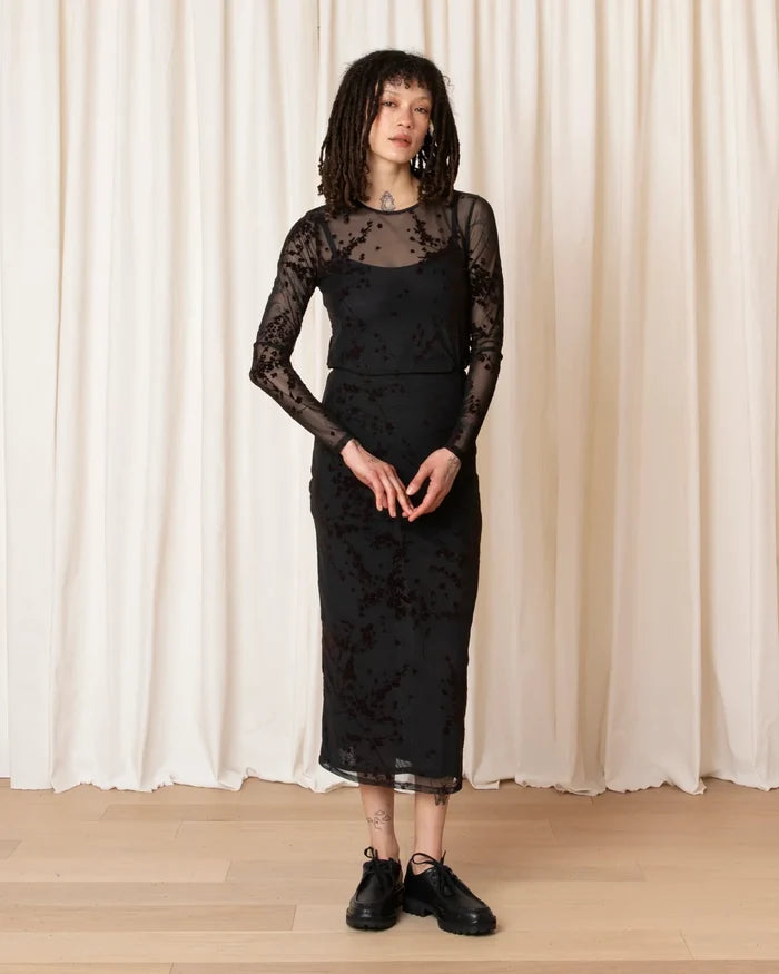 Black Brown Floral Mesh LS Top