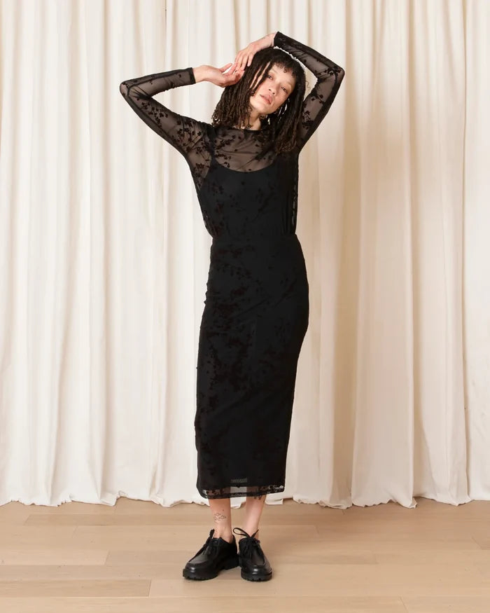 Black Brown Floral Mesh LS Top
