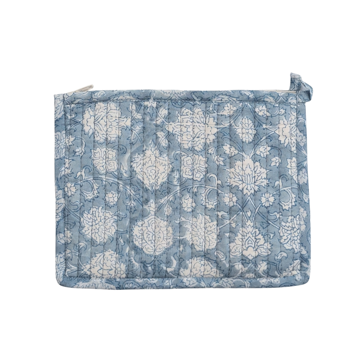 Blue Floral Block Print Quilted Medium Pouch Purse - Precious Sparkle