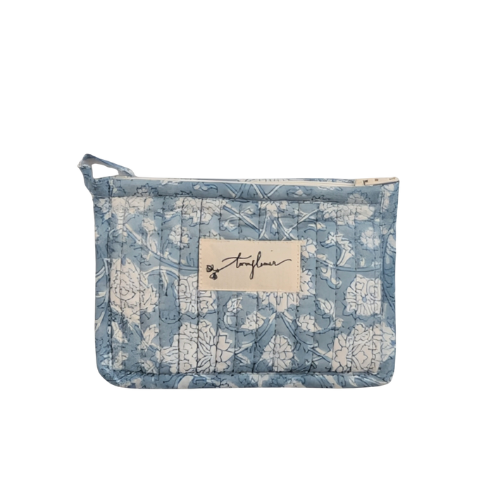 Blue Floral Block Print Quilted Small Pouch Purse - Precious Sparkle