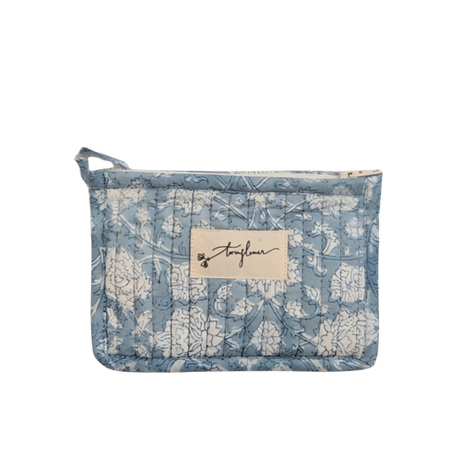 Blue Floral Block Print Quilted Small Pouch Purse - Precious Sparkle