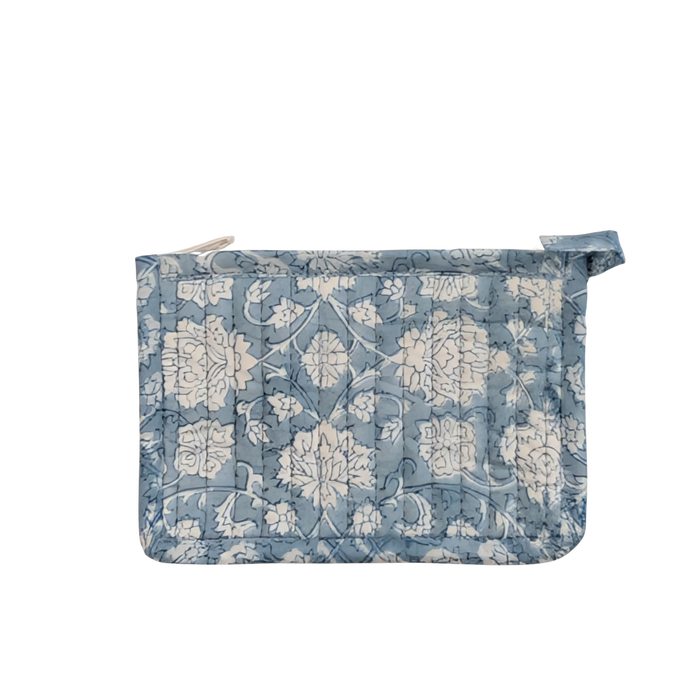 Blue Floral Block Print Quilted Small Pouch Purse - Precious Sparkle