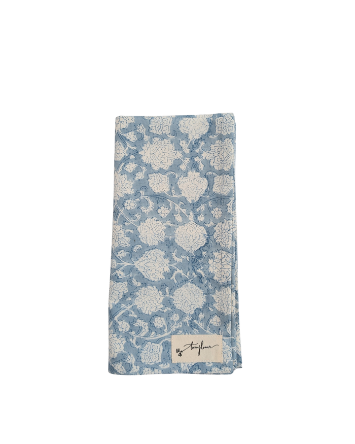 Blue Floral Block Printed Cotton Napkin 50x50cm - Precious Sparkle