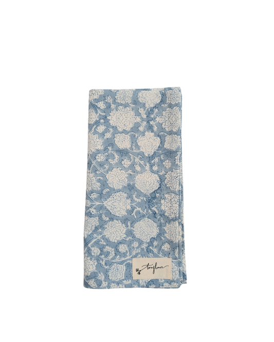 Blue Floral Block Printed Cotton Napkin 50x50cm - Precious Sparkle