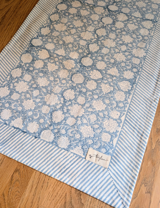 Blue Floral Block Printed Cotton Table Runner 45x150cm - Precious Sparkle