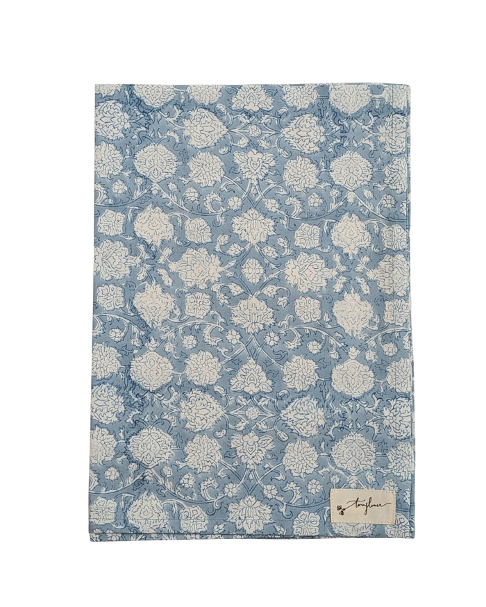 Blue Floral Block Printed Cotton Tea Towel - Precious Sparkle