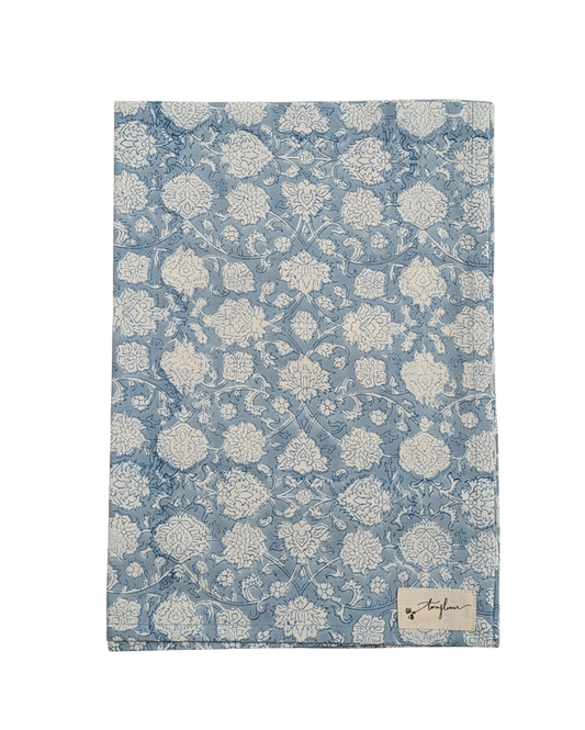 Blue Floral Block Printed Cotton Tea Towel - Precious Sparkle