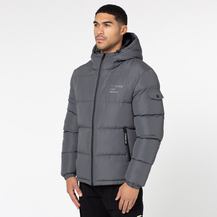 Men's  Charcoal Branded LDN Pocket Puffer Jacket  Closure London  Front View
