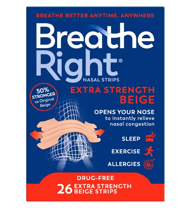 Breathe Right Extra Strength Beige Nasal Strips box, 26 strips, blue and red packaging, "Drug-Free, Opens Your Nose"