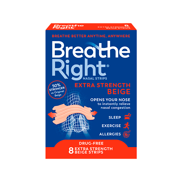 Breathe Right Extra Strength Beige nasal strips box, blue and red packaging, "8 Extra Strength Beige Strips, Drug-Free" on white background.