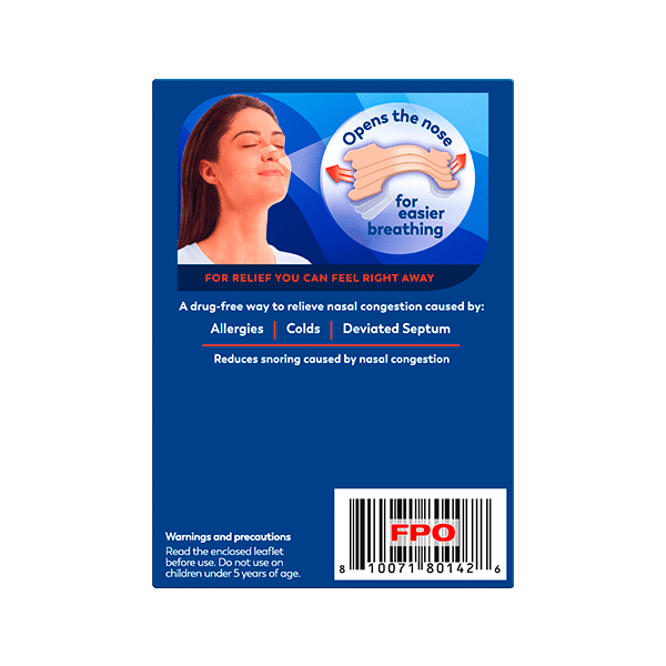 Breathe Right Extra Strength Beige strips box back on blue background, showing nasal strip diagram, woman breathing, and usage instructions.