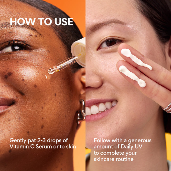 how to use Vitamin C Serum and Daily UV Defense Sunscreen SPF 50+ together
