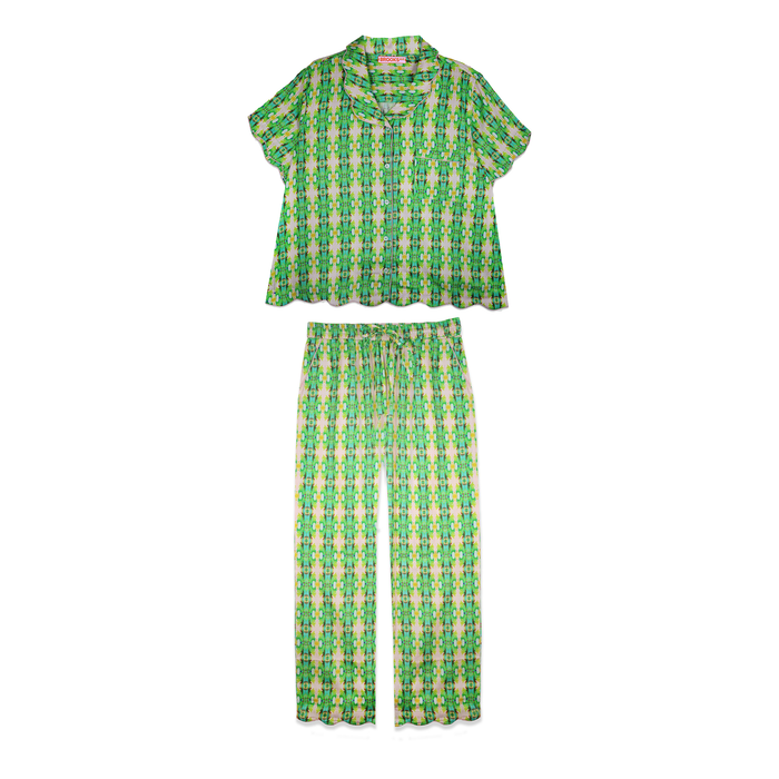 Brooks Avenue - Scalloped Pajama Set Long Pant & Short Top - Flora Green