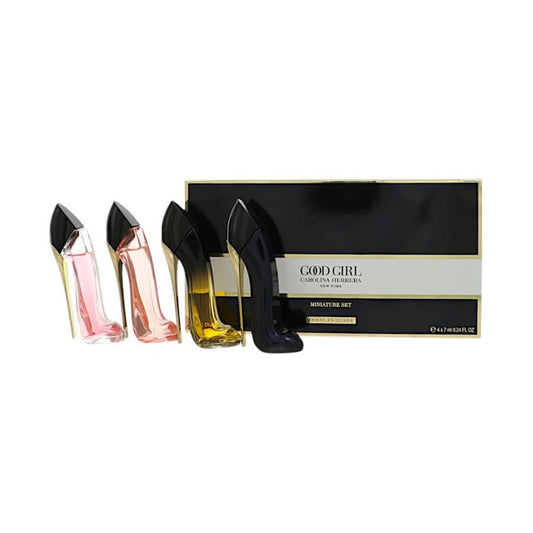 Carolina Herrera Good Girl Mini Gift Set 4x7ml, four high-heel bottles in pink, rose, gold and black, black gift box, white background