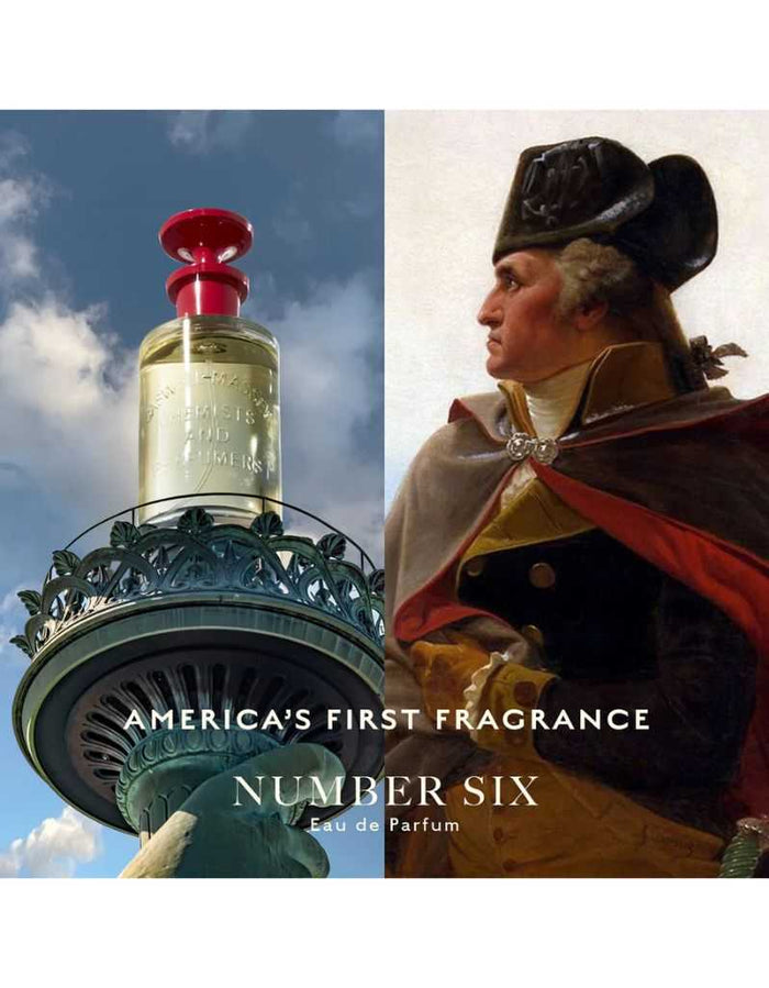 Number Six fragrance ad with bottle on monument, historic American scent