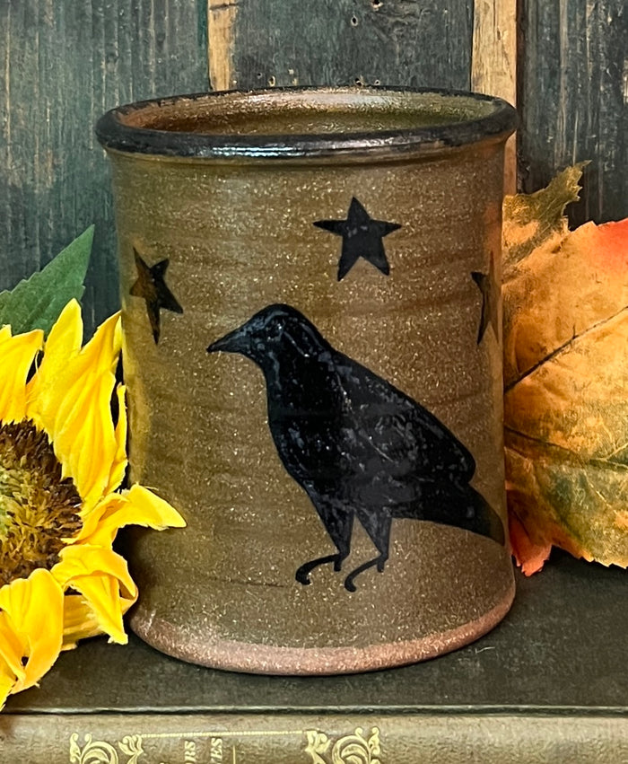 CC-2483 Med Pottery Crow with Stars Crock