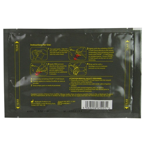 Celox™ Z-Fold Gauze, back of packaging