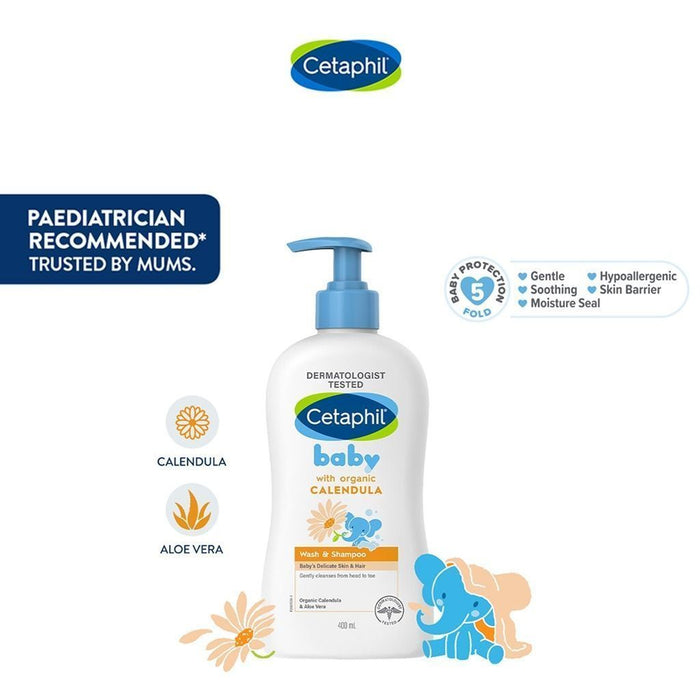 Cetaphil Hypoallergenic Baby Wash & Shampoo with Organic Calendula for Face & Body, 400ml - Makkah Pharmacy