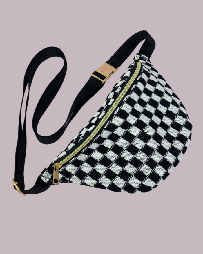 black and white check yourself checkered bum bag, sling, fanny pack by Ellison & Young sold by Le Monkey House