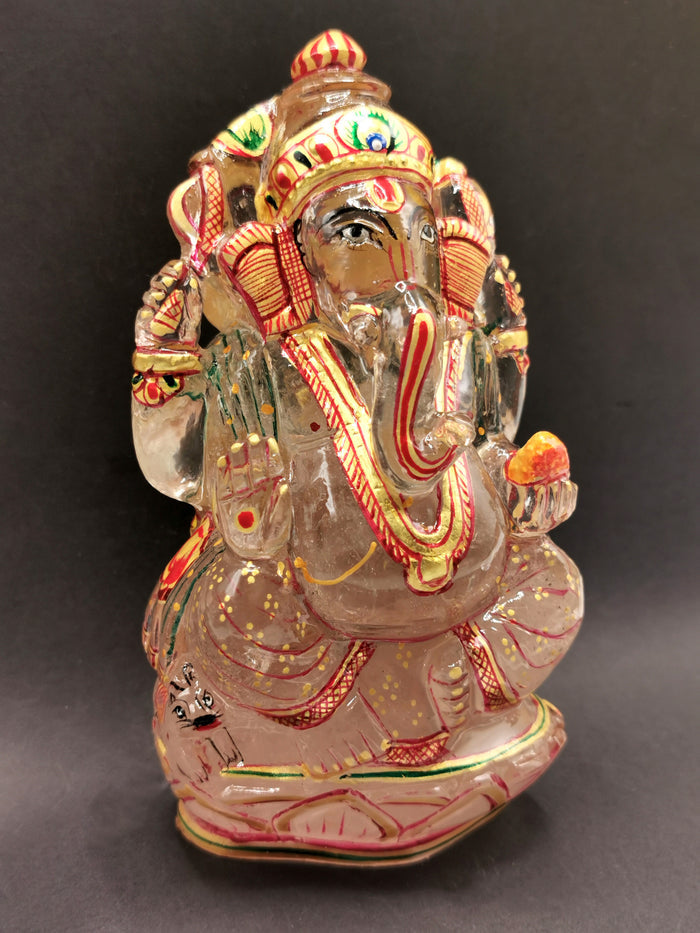 Clear Quartz carving of Ganesh, hand carved beauty with hand painted gold foil artwork