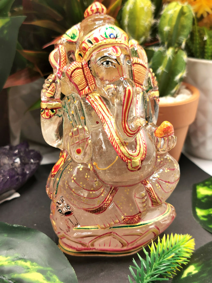 Clear Quartz carving of Ganesh, hand carved beauty with hand painted gold foil artwork