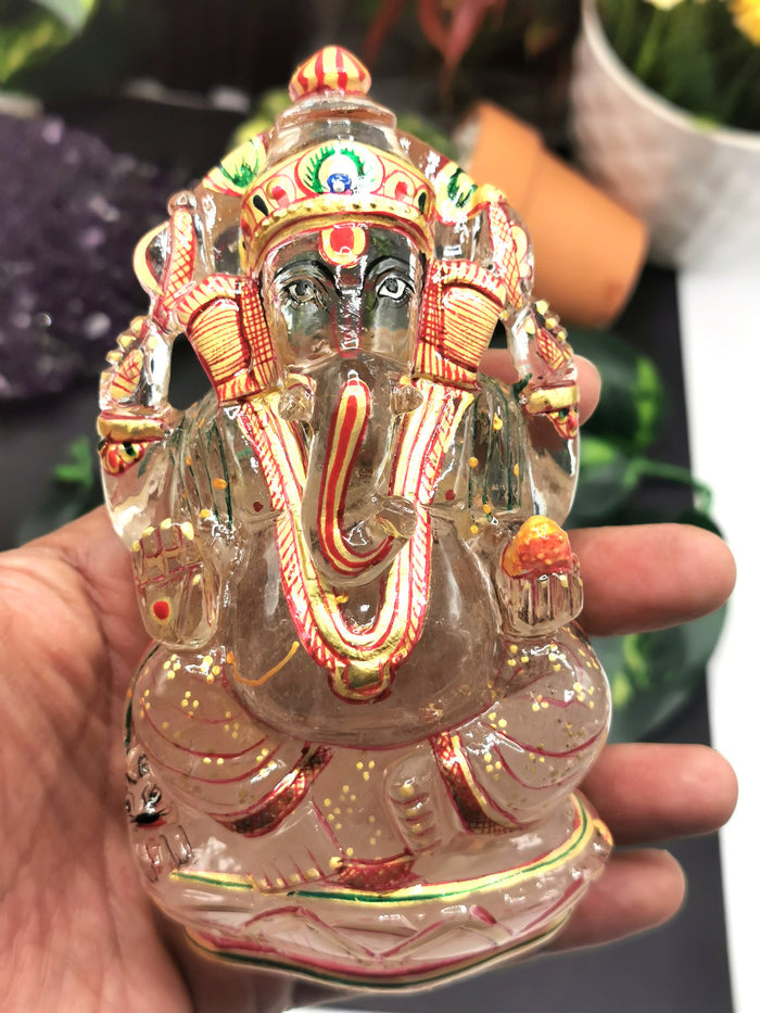 Clear Quartz carving of Ganesh, hand carved beauty with hand painted gold foil artwork