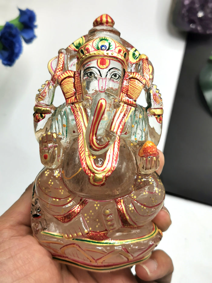 Clear Quartz carving of Ganesh, hand carved beauty with hand painted gold foil artwork