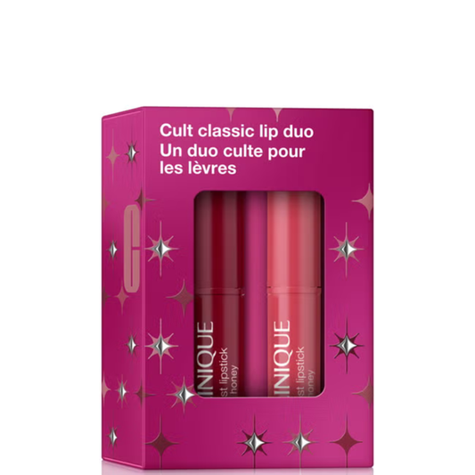 Clinique Cult Classic Lipstick Duo Gift Set in magenta box with silver stars, showing two lip honey shades, on white background.