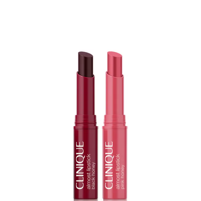 Clinique Cult Classic Lipstick Duo Gift Set showing Almost Lipstick in Black Honey and Pink Honey on white background