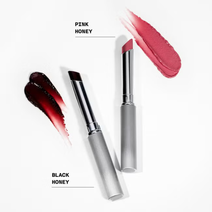 Clinique Cult Classic Lipstick Duo Gift Set in Pink Honey and Black Honey shades, with swatches on white background.