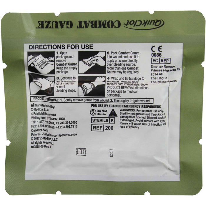 Combat Gauze hemostatic dressing by QuikClot military version back