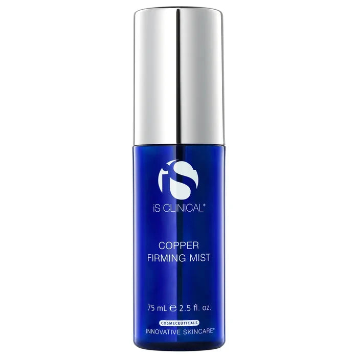 Blue cylindrical bottle of iS Clinical Copper Firming Mist with silver cap on white background