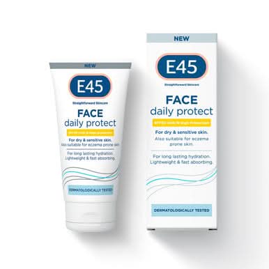 E45 Face Daily Protect cream and box on a white background