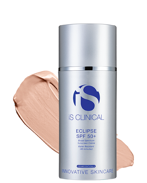 Silver pump bottle of iS Clinical Eclipse SPF 50+ sunscreen with beige cream swatch behind
