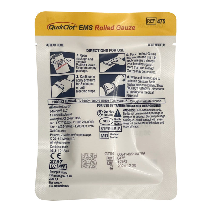QuikClot EMS Starter Pack, dressing, rolled gauze back