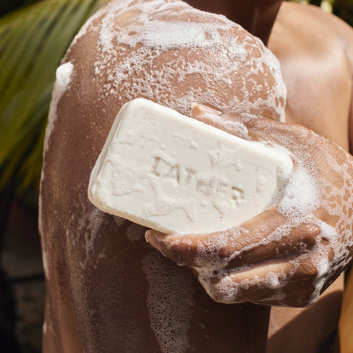 Person holding a bar of soap with soapy hands and back