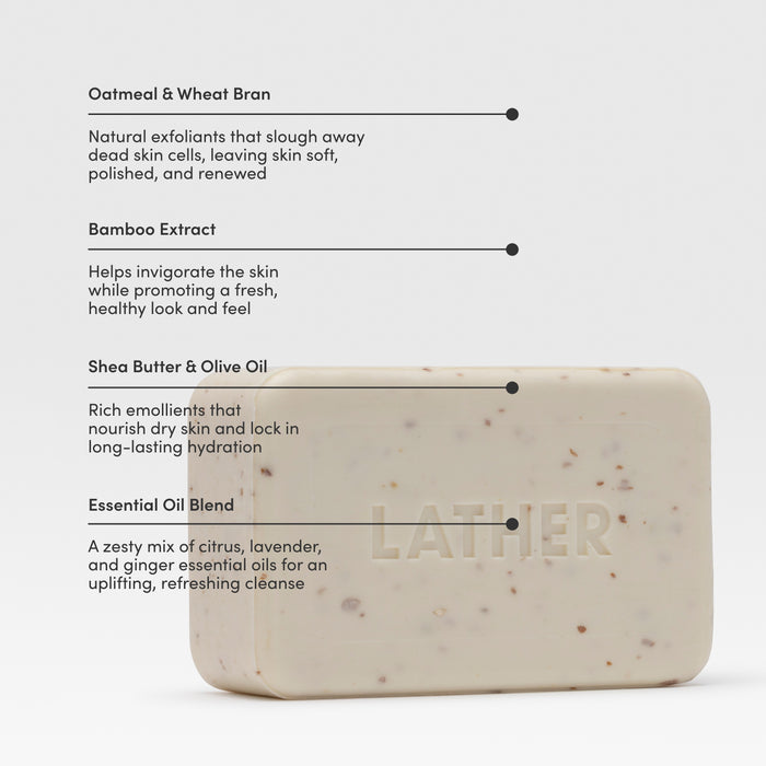 Bar of soap with LATHER branding on a white background, featuring text about its ingredients and benefits.