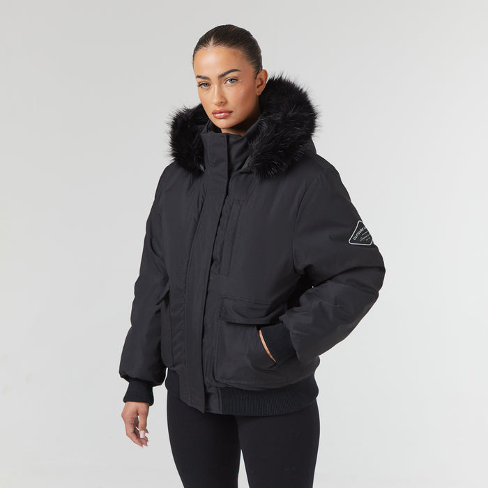 Women's  Black Faux Fur Cropped Parka  Closure London  Front View