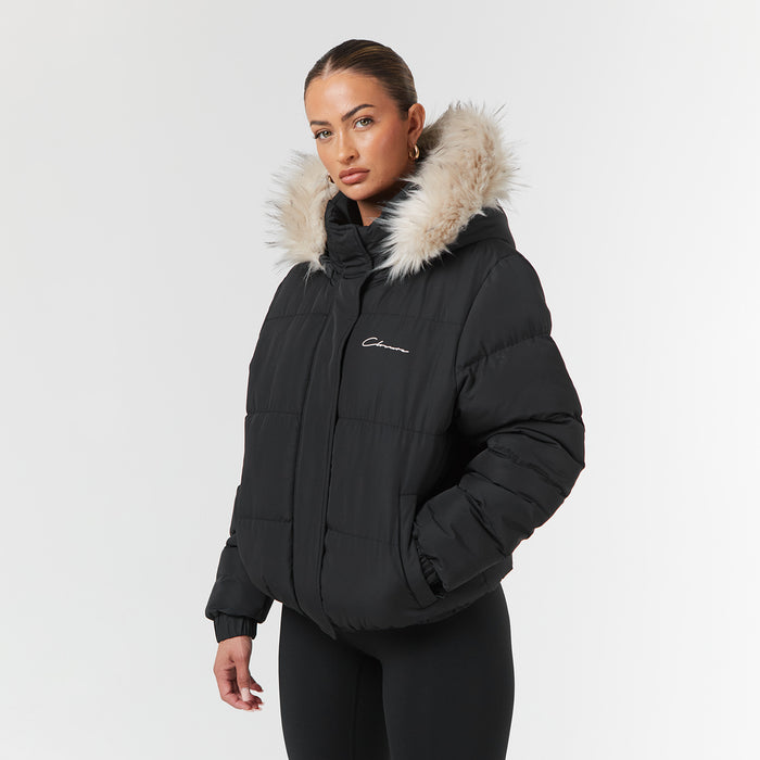 Women's  Black Faux Fur Cropped Puffer  Closure London  Front View