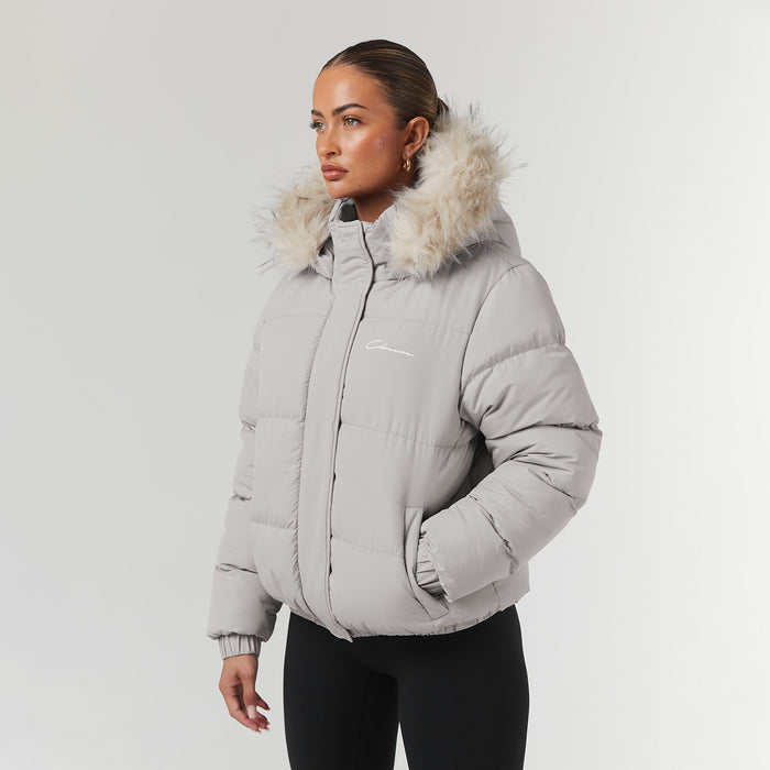 Women's  Mushroom Faux Fur Cropped Puffer  Closure London  Front View