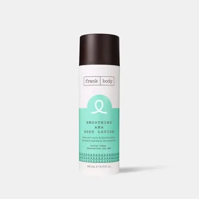 Frank Body Smoothing AHA Body Lotion 140ml white tube with dark brown cap and teal label on light grey background