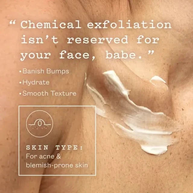 Frank Body Smoothing AHA Body Lotion swatched on skin, text reads banish bumps, hydrate, smooth texture, for acne & blemish-prone skin.