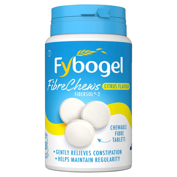 Fybogel FibreChews Citrus Flavour tub with blue lid on white background, showing chewable fibre tablets and Fibersol-2 label.