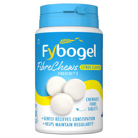 Fybogel FibreChews Citrus Flavour tub with blue lid on white background, showing chewable fibre tablets and Fibersol-2 label.