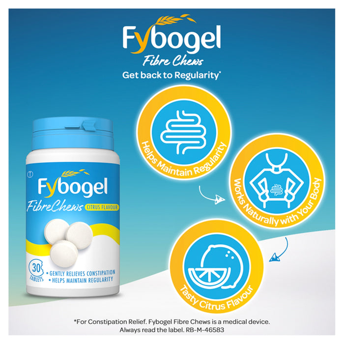 Fybogel FibreChews Citrus Flavour 30 Tablets white bottle on blue background with three yellow benefit icons