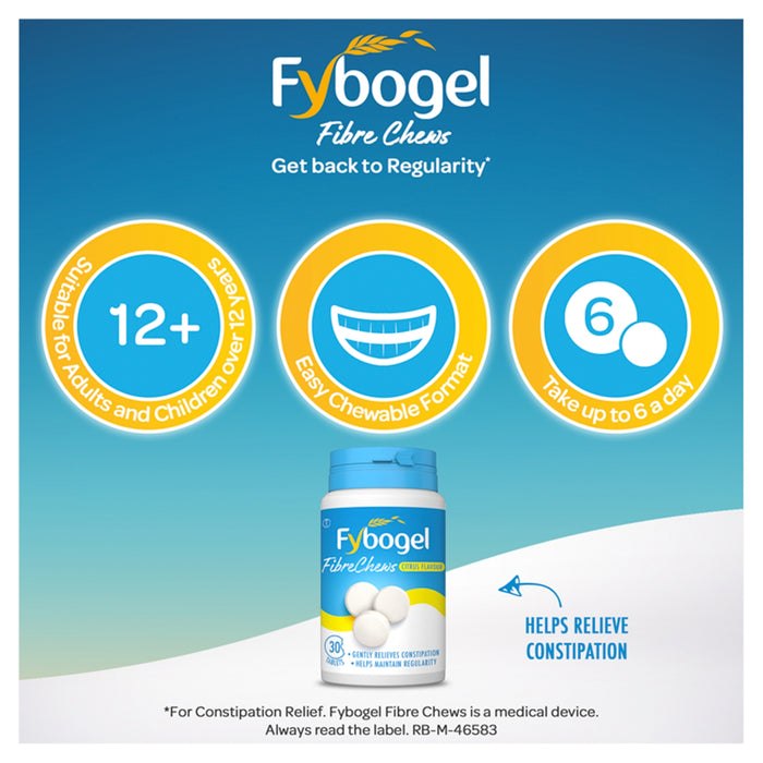 Fybogel FibreChews Citrus Flavour 30 tablets bottle on blue background with icons: suitable 12+, chewable, take up to 6 a day. Helps relieve constipation.